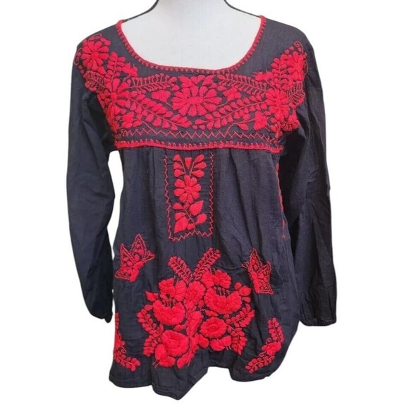 Mexico Embroidered Top Size Medium Black Hippie Boho - Picture 1 of 6